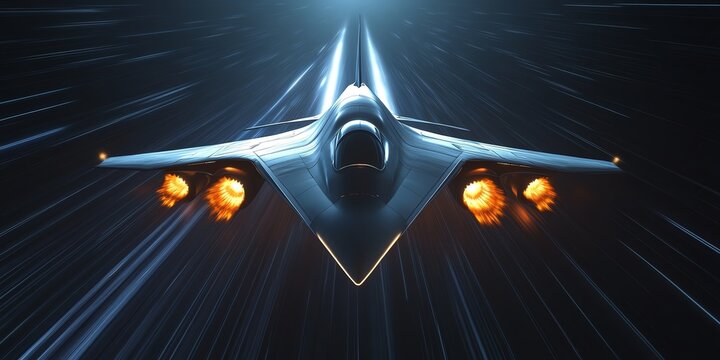 Futuristic jet in flight, blazing through the sky with bright, fiery engines and sleek design.