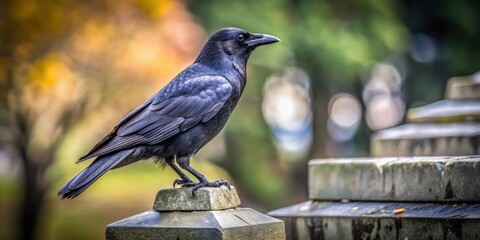 Naklejka premium A sleek black crow perches atop a weathered gravestone, its piercing eyes gazing downward with an air of somber contemplation , crow