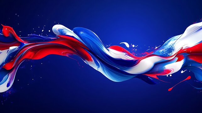 Swirling mix of red white and blue paint forming fluid abstract designs on a rich blue background
