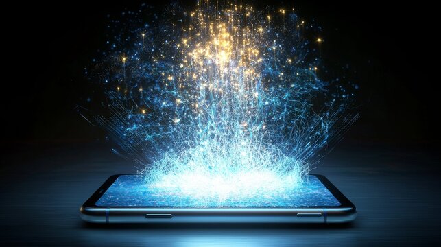 Charging smartphone with fast charge icon, energy burst effect, innovation theme