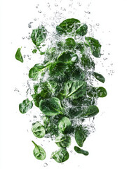 Fresh spinach leaves splashing in water, highlighting freshness and vitality.