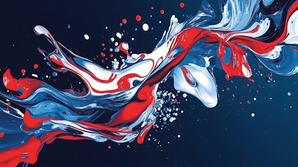 Fluid red white and blue paints swirling into abstract designs and patterns on a dark blue background