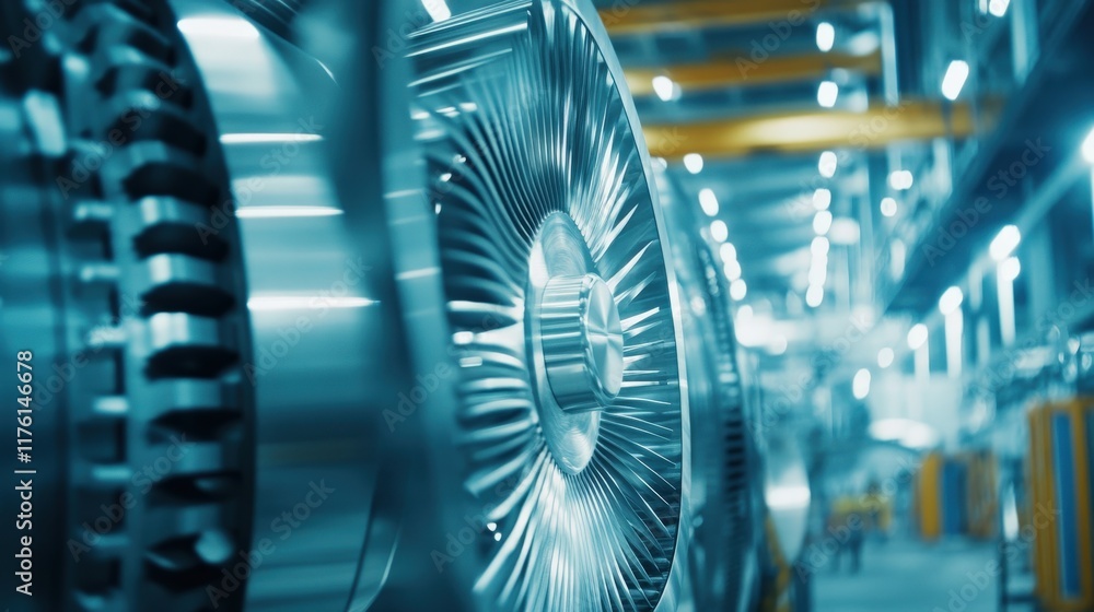 Poster close-up view of precision engine parts in a factory setting, highlighting advanced manufacturing te