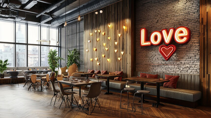 Modern Open-Concept Cafe with Chic Furniture and Urban Aesthetic Featuring Cozy Seating and Warm Lighting Ambiance. Valentine's Day