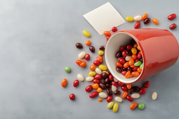 Colorful jelly beans spilled from red mug with note