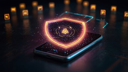 Smartphone With A Glowing Shield Icon On The Screen, Surrounded By Holographic Warnings And Alerts