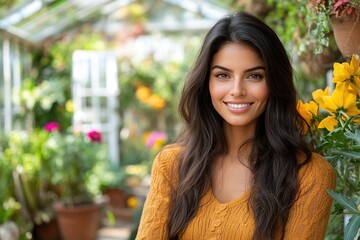 Smiling woman in a greenhouse amongst plants.
