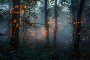 Fototapeta premium Enchanting Firefly Lights Adorn A Misty Forest Scene