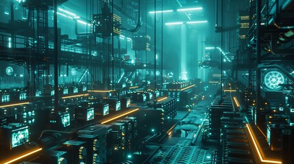 Fototapeta premium Futuristic crypto mining farm with neon lights