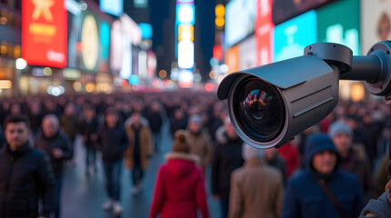Security camera monitoring crowded urban street with surveillance technology ensuring public safety and crowd control.