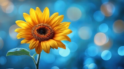 Obraz premium A vibrant sunflower stands against a blurred blue background, showcasing its beauty.