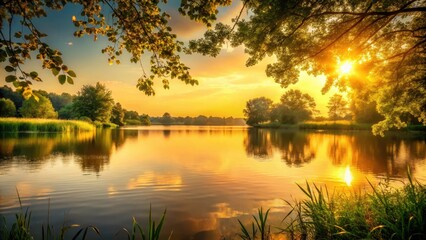 Obraz premium Sunset over a serene lake with lush greenery and a few silhouetted trees against a warm golden bokeh background , greenery, natural beauty