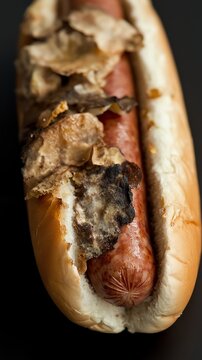 Gourmet hot dog topped with shaved truffles on a dark background.