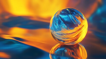 Glowing transparent glass sphere in bright yellow and blue colors reflecting on an abstract surface