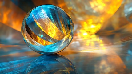 Glowing transparent glass sphere in bright yellow and blue colors reflecting on an abstract surface