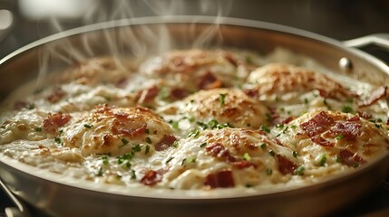 Creamy eggs with bacon, chives in skillet; kitchen background, food photography