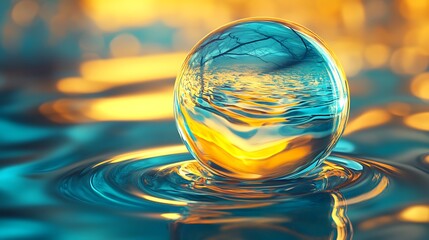 Shimmering transparent glass sphere with yellow and blue tones glowing on a reflective abstract background