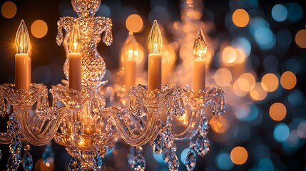 Crystal chandelier lit, festive background, holiday ambiance, interior design