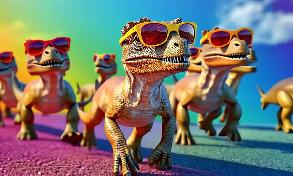 a group of dinosaurs wear sunglasses walking in the colorful nature