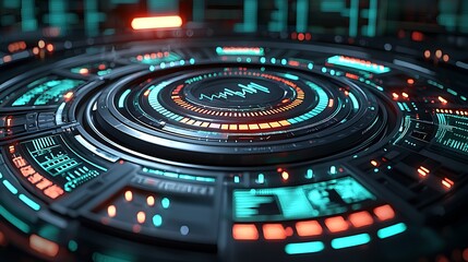 Obraz premium Futuristic tech interface, glowing circular console, dark background, possible use in sci-fi advertisement