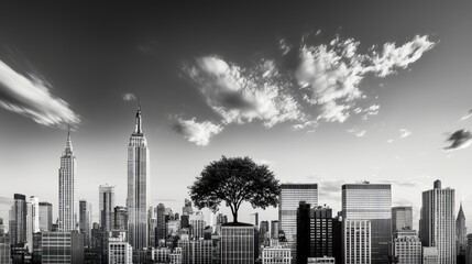 Fototapeta premium Abstract black-and-white skyline with a single tree emerging from dense structures, portraying nature's resilience within urban landscapes