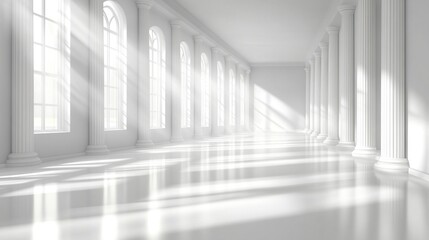 Sunlit hall with white columns and large windows.