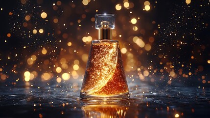 Golden perfume bottle, sparkling, dark background, luxury product shot, advertising