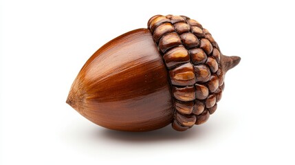 acorn with cap, brown oak nut, dynamic angle, high-detail texture, isolated on white background
