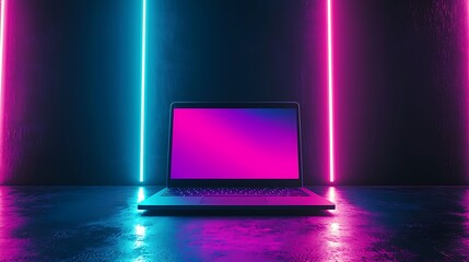 Laptop screen neon light studio background tech