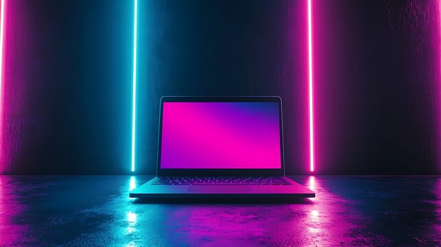 Laptop screen neon light studio background tech