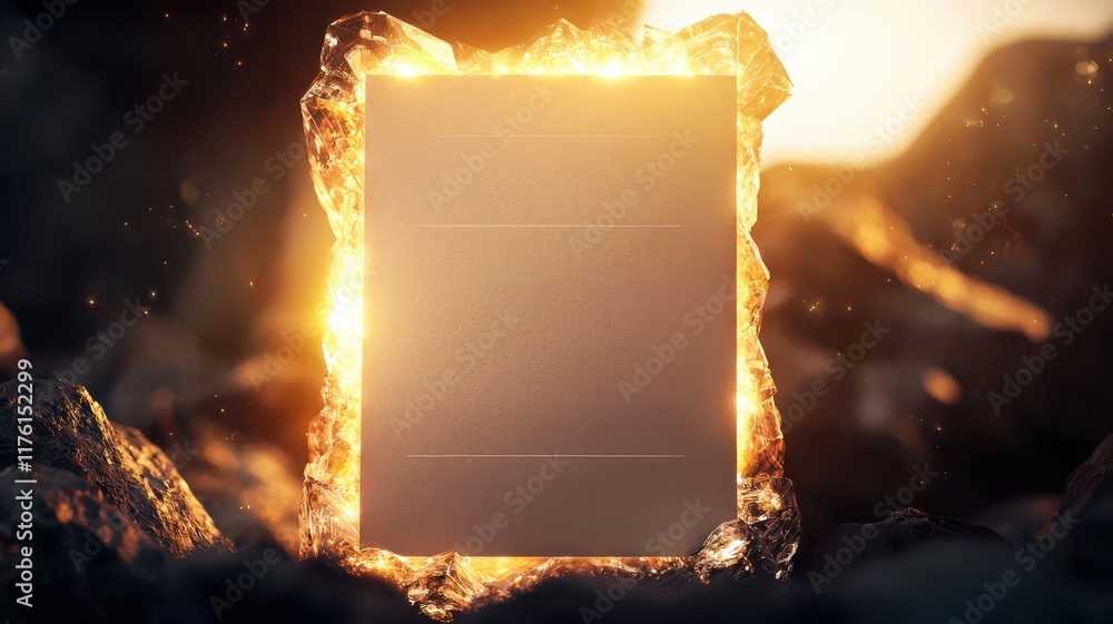 Poster ancient paper in crystal shell. mockup image on fantasy background.