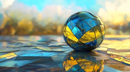 Generative AI-created yellow and blue geometric glass sphere with reflections on a unique abstract surface