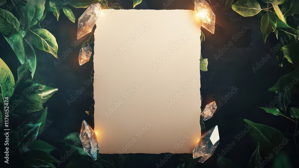 Poster an ancient paper held by a floating crystal in an enchanted forest background. mockup image on fanta