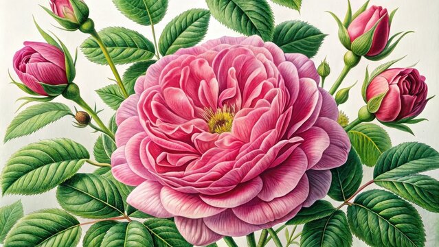 Antique Rose Illustration, Vintage Floral Print, Botanical Art,  Roses Pomponia, Redout&eacute; Style, 19th Century Flower Painting, Paris Botanical Illustration