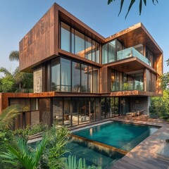 Modern luxury home with pool and tropical landscaping.