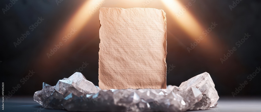 Poster ancient paper on a crystal platform with soft lighting effect. mockup image on fantasy background.