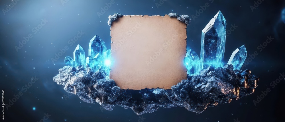 Poster ancient paper on a floating island with magical crystals. mockup image on fantasy background.