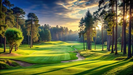 Obraz premium A serene green grass and woodland landscape on a golf field with tall trees and a winding path leading to a picturesque hole , nature, forest