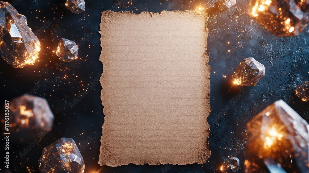 Poster ancient paper with magical crystal in a cosmic setting. mockup image on fantasy background.