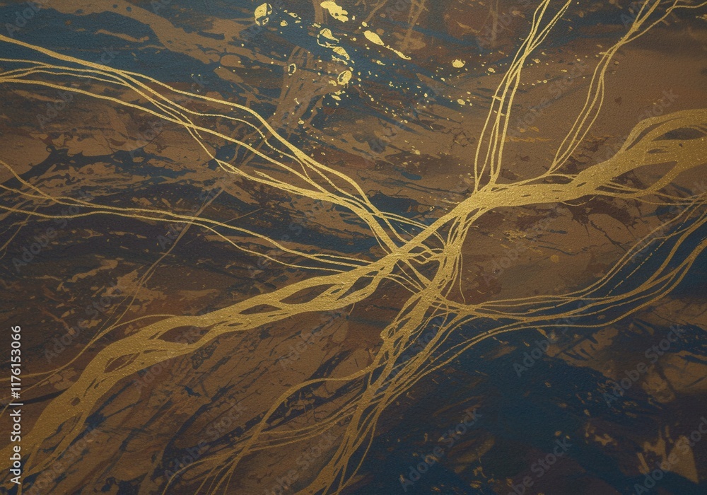 Poster abstract gold and blue fluid art with intricate veins and dynamic patterns
