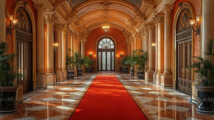 Obraz premium Elegant Grand Hallway with Red Carpet and Ornate Architecture