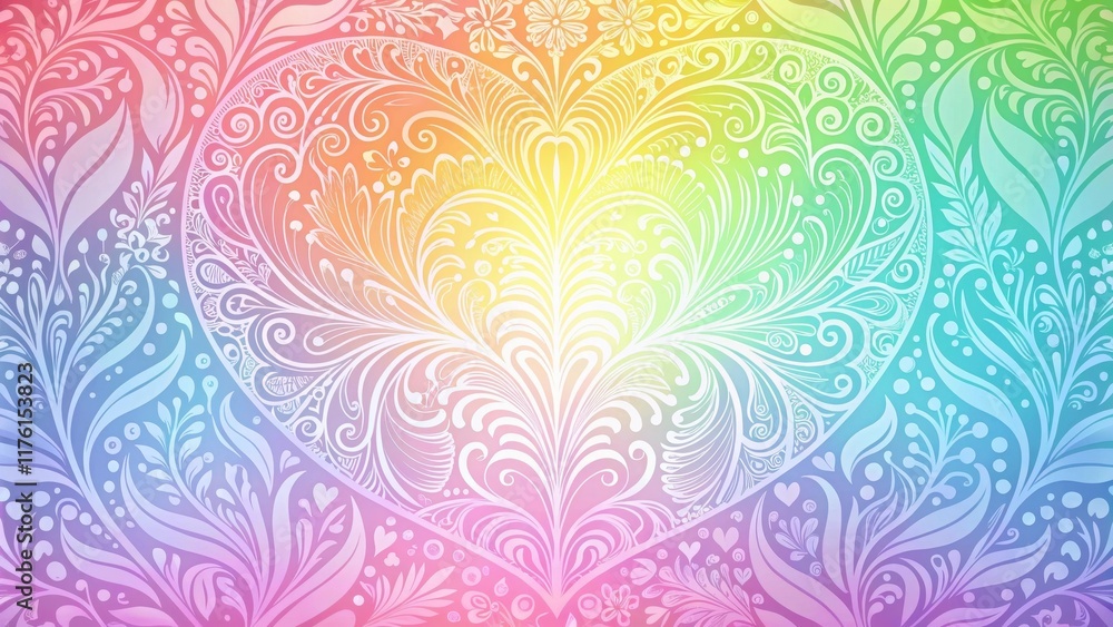 Wall mural Pastel rainbow heart pattern with intricate floral details and subtle texture , #vector, #colorful