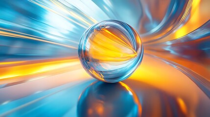 Bright transparent glass sphere with yellow and blue hues shining on a futuristic abstract background