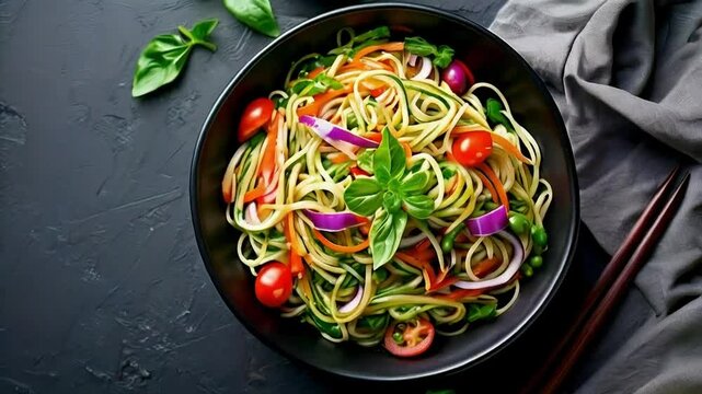 Vibrant zucchini noodles tossed with fresh vegetables, cherry tomatoes, and basil.