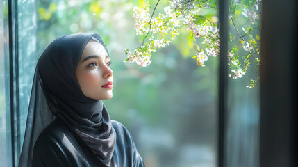 Middle Eastern Woman with Hijab Gently Holding Blossoms in Sunlit Garden: Concept of Beauty, Elegance, Nature's Serenity, and Cultural Expression. Valentine's Day. Copy space