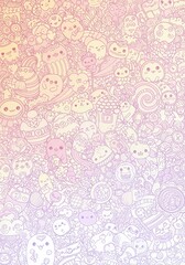 Fototapeta premium Colorful pastel doodle art with cute characters and abstract patterns