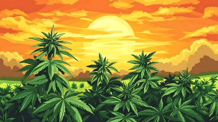 Fresh cannabis plant with green leaves growing in a lush field under a golden sunset sky