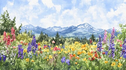 Fototapeta premium A painting of a field of flowers with mountains in the background