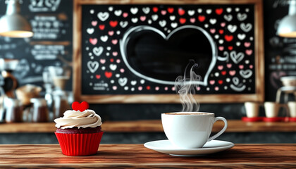 cup of hot coffee or tea on wooden table with with blackboard decorated with harts on the background. valentine day concept