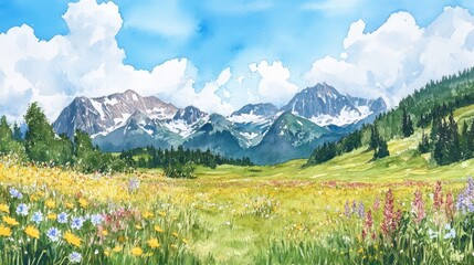 Fototapeta premium A painting of a field with mountains in the background
